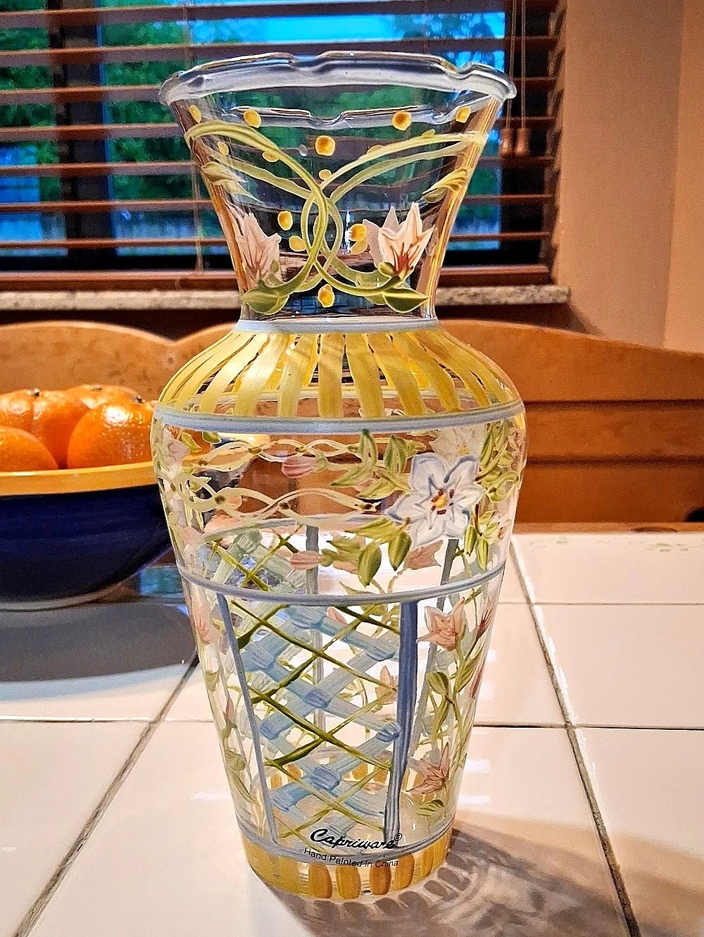 Capriware Hand-Painted Floral Glass Vase. Excellent Condition.